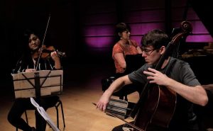 Emily Sun on violin, Kathryn Selby on piano, and Clancy Newman on cello